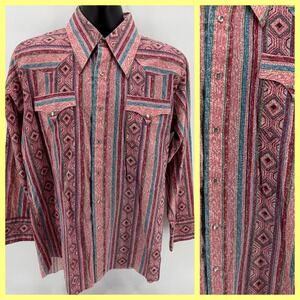 Vtg Prior Westerns Pearl Snap Shirt Mens 16-33 Southwestern Aztec Geometric 90s